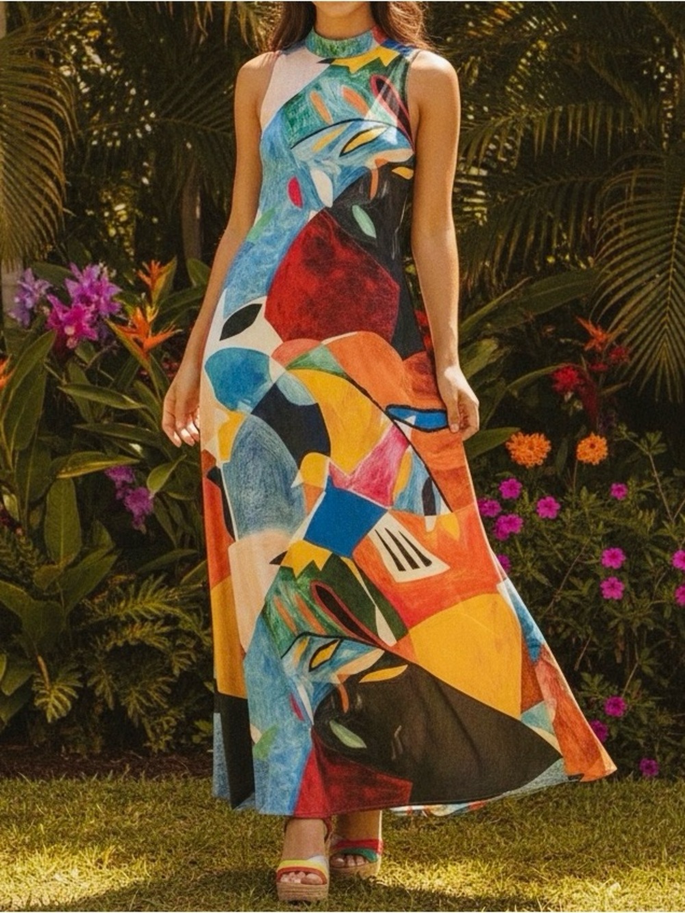 NWT Nicole Miller Mock Neck Sleeveless Colorful Maxi Dress Small